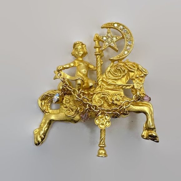 Kirks Folly Brooch, Carousel Horse, Moon, Star, Cherub, Gold, Signed, Vintage